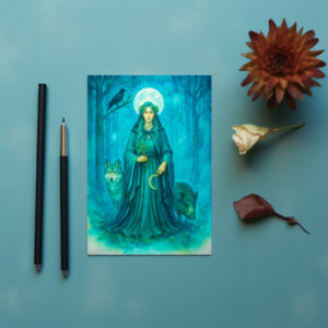 raxxa Postkarte: Celtic druidess with wolf boar and raven
