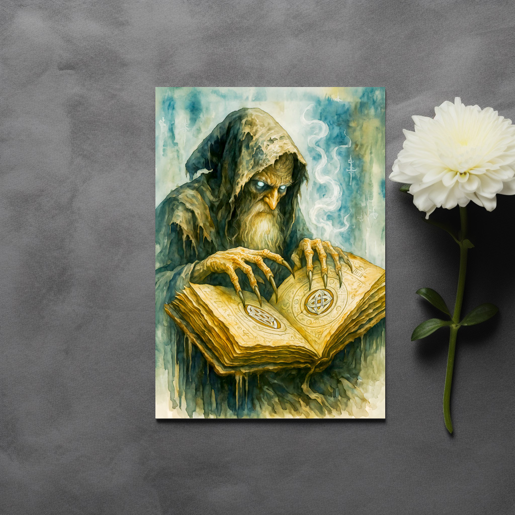 raxxa Postkarte: Dark Celtic druid with spellbook and claws