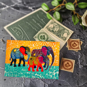 raxxa Postkarte: Three Abstract Elephants in Yellow Dot Field