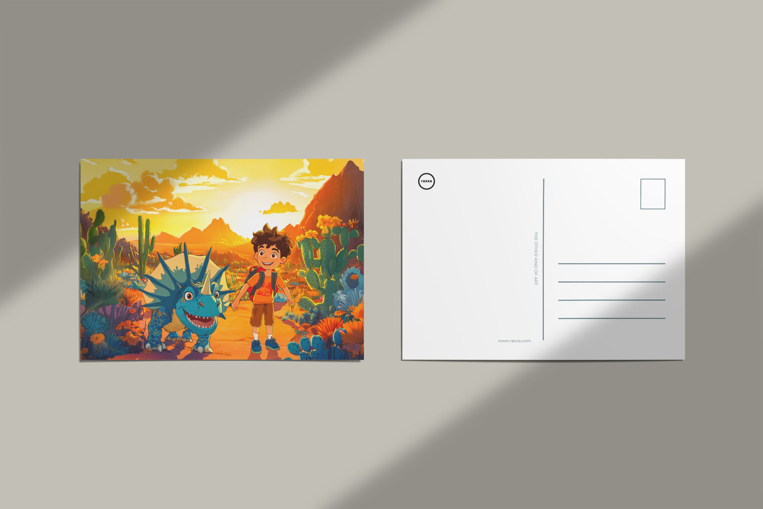 raxxa Postkarte: Anime boy walking Triceratops at sunset