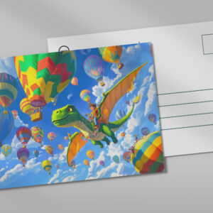 raxxa Postkarte: Anime boy flying dinosaur dragon and balloons