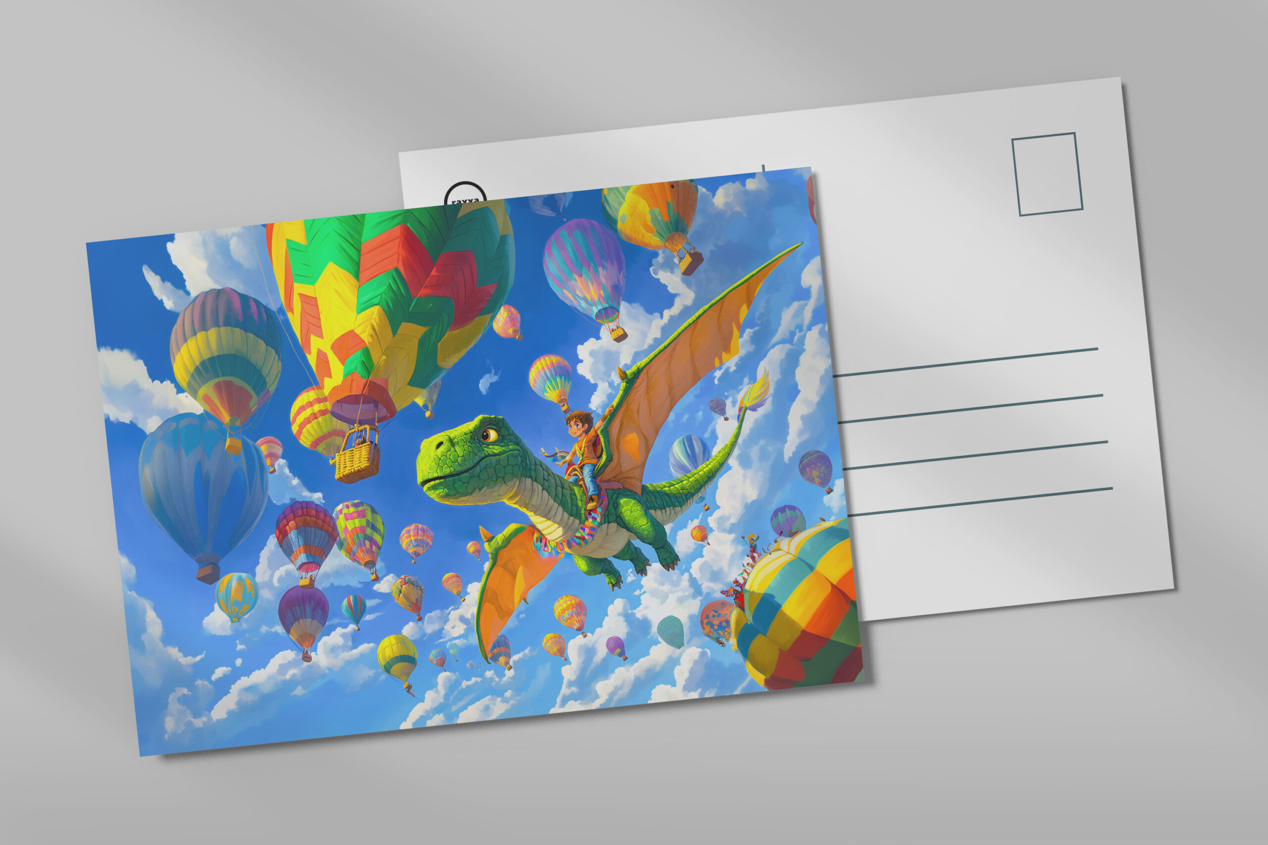 raxxa Postkarte: Anime boy flying dinosaur dragon and balloons
