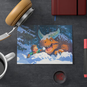 raxxa Postkarte: Anime boy playing dinosaur snowy day