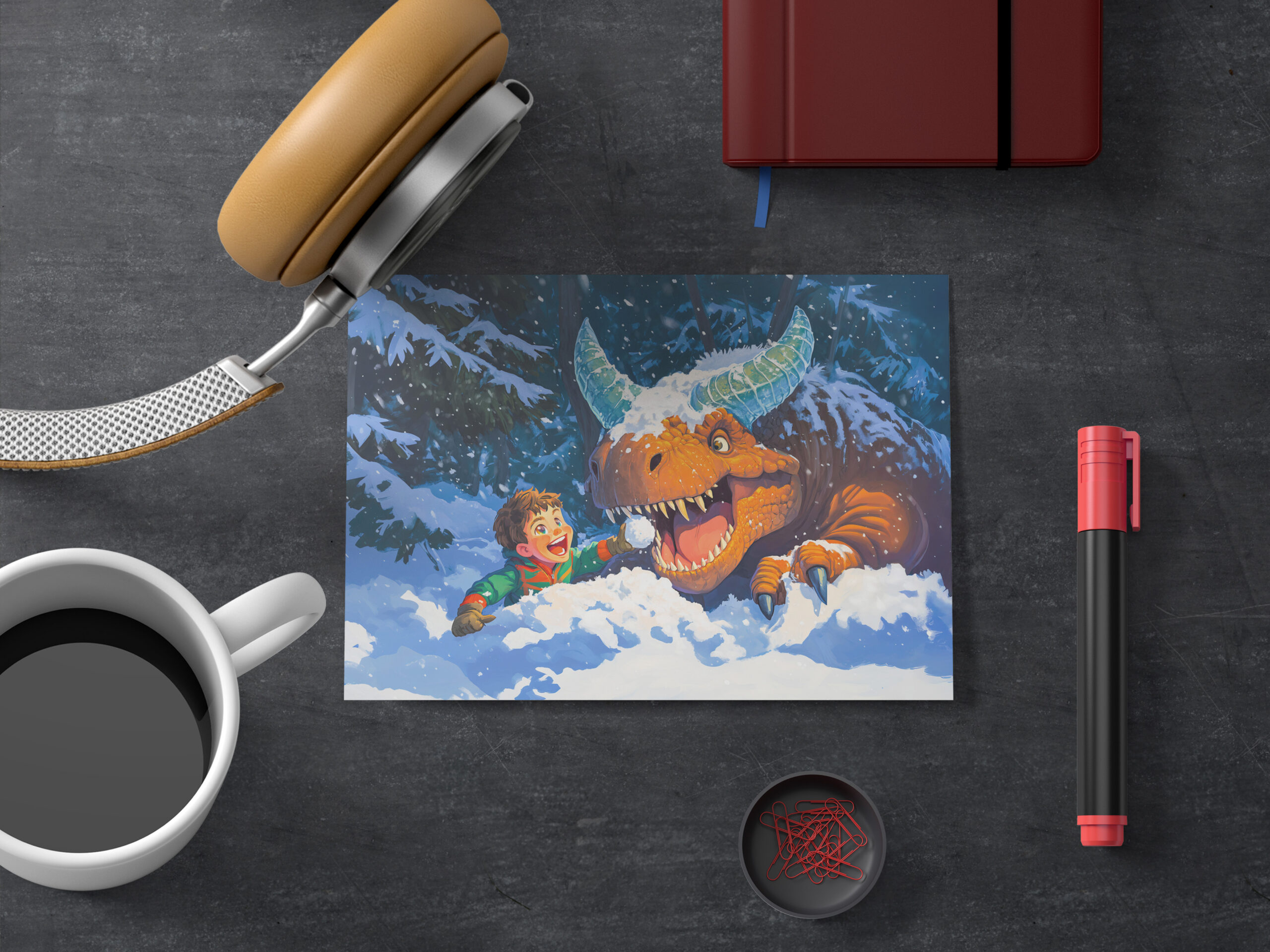 raxxa Postkarte: Anime boy playing dinosaur snowy day