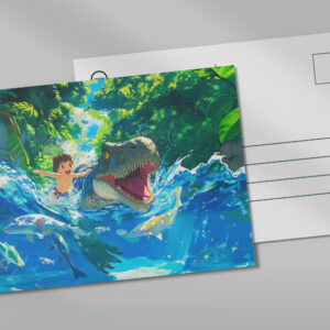 raxxa Postkarte: Anime boy swimming with dinosaur in sea