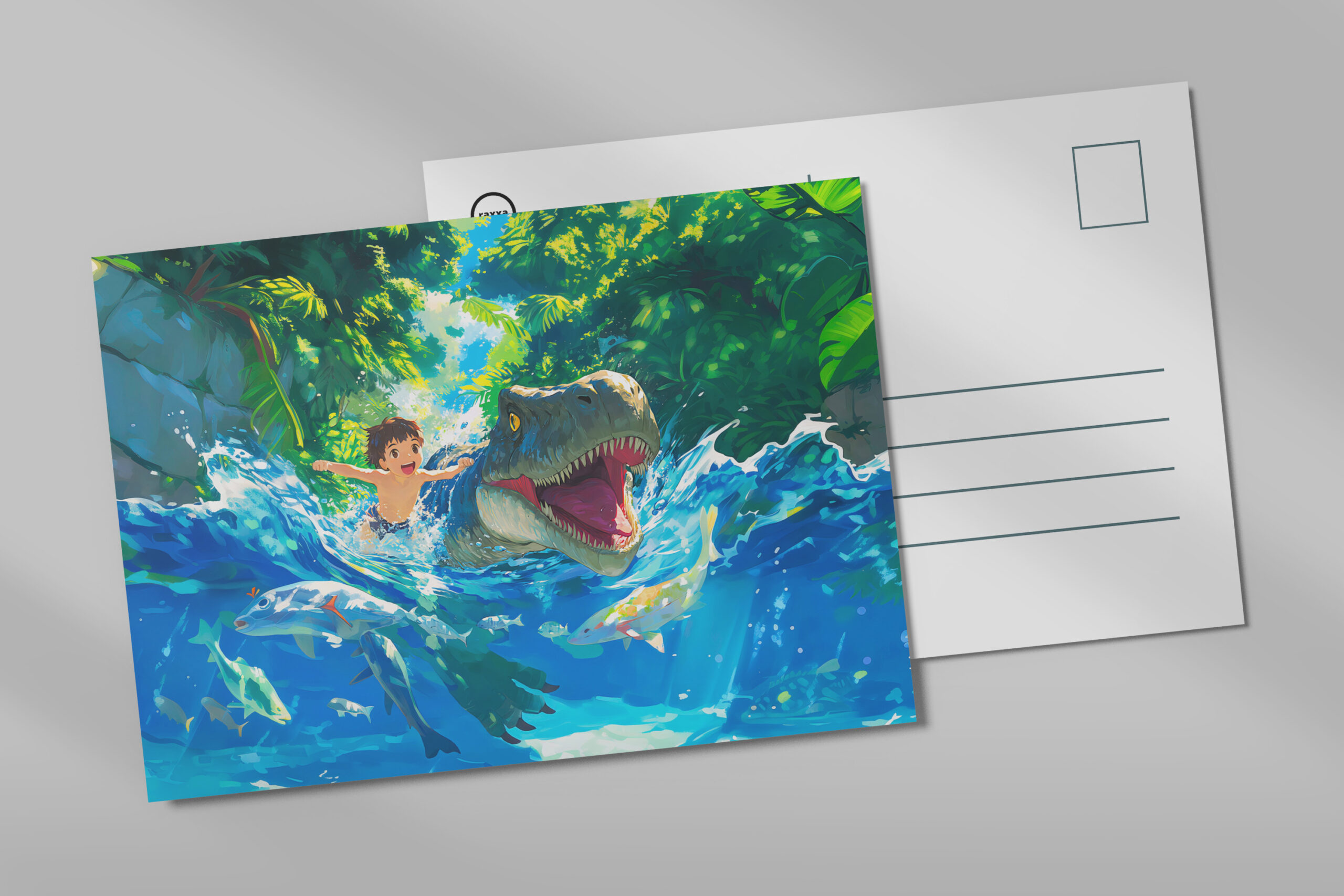raxxa Postkarte: Anime boy swimming with dinosaur in sea