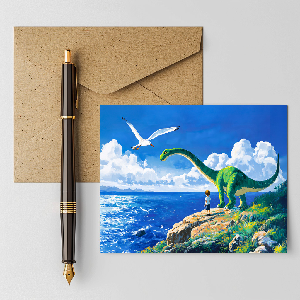 raxxa Postkarte: Anime boy and Brachiosaurus overlooking sea