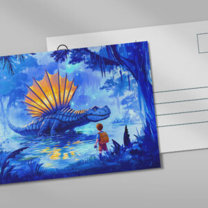 raxxa Postkarte: Anime boy photographing swamp dinosaur