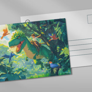 raxxa Postkarte: Anime boy riding T-Rex in jungle and birds