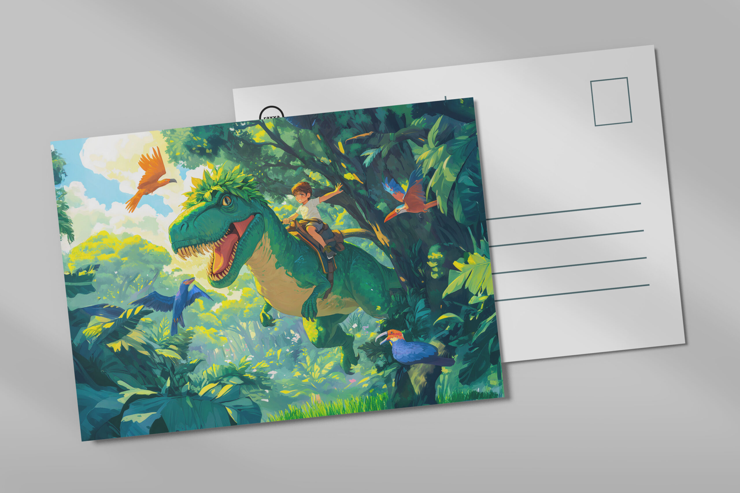 raxxa Postkarte: Anime boy riding T-Rex in jungle and birds