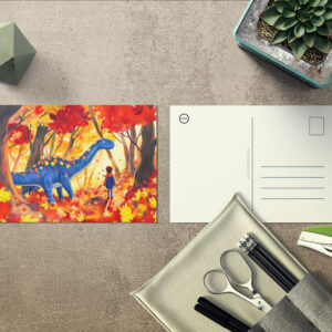 raxxa Postkarte: Anime boy walking dinosaur autumn forest
