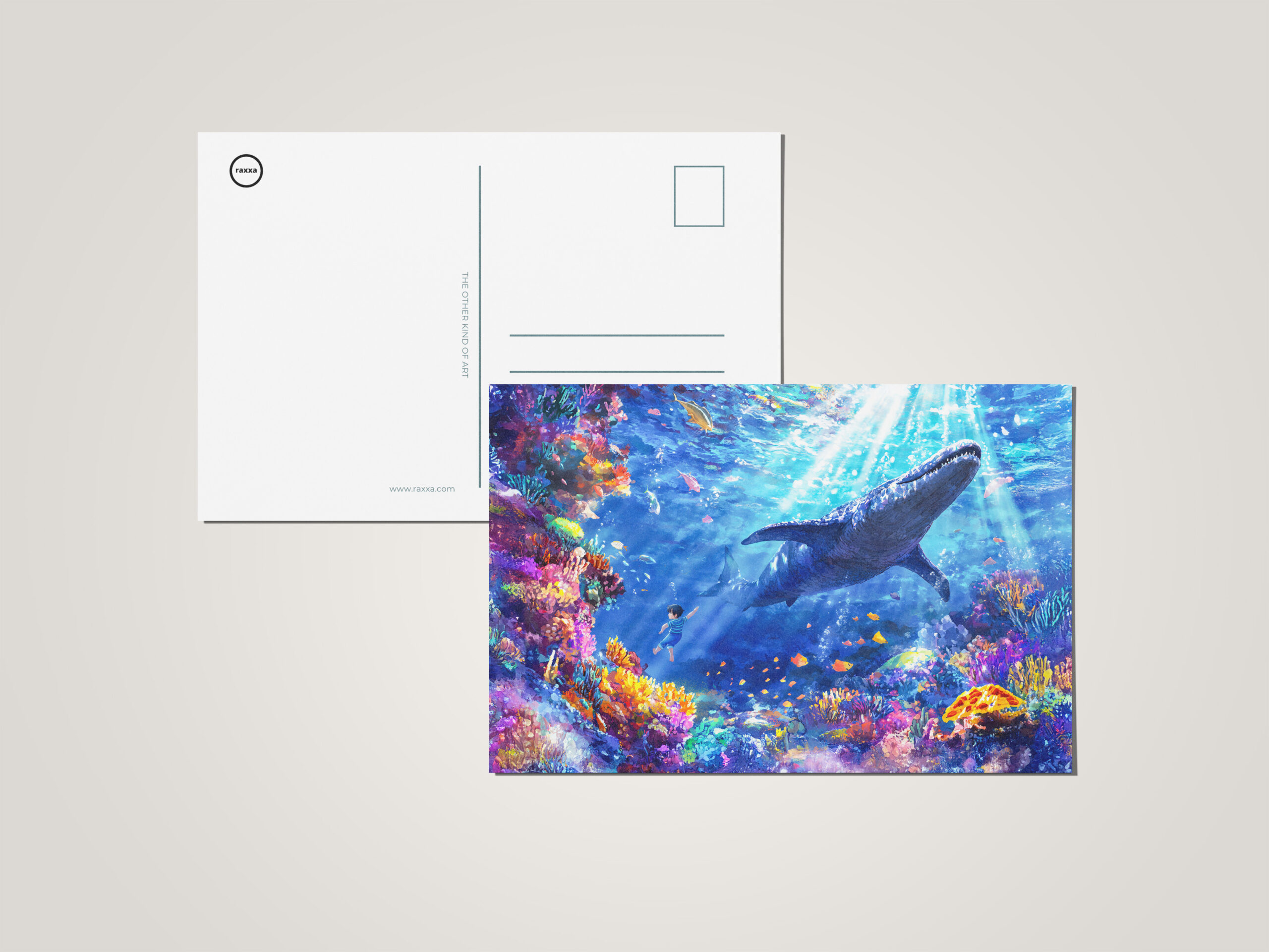 raxxa Postkarte: Anime boy swimming with Liopleurodon reef