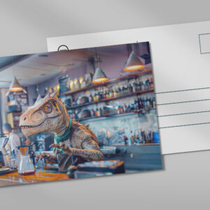 raxxa Postkarte: Dinosaur Barista in a Modern Café
