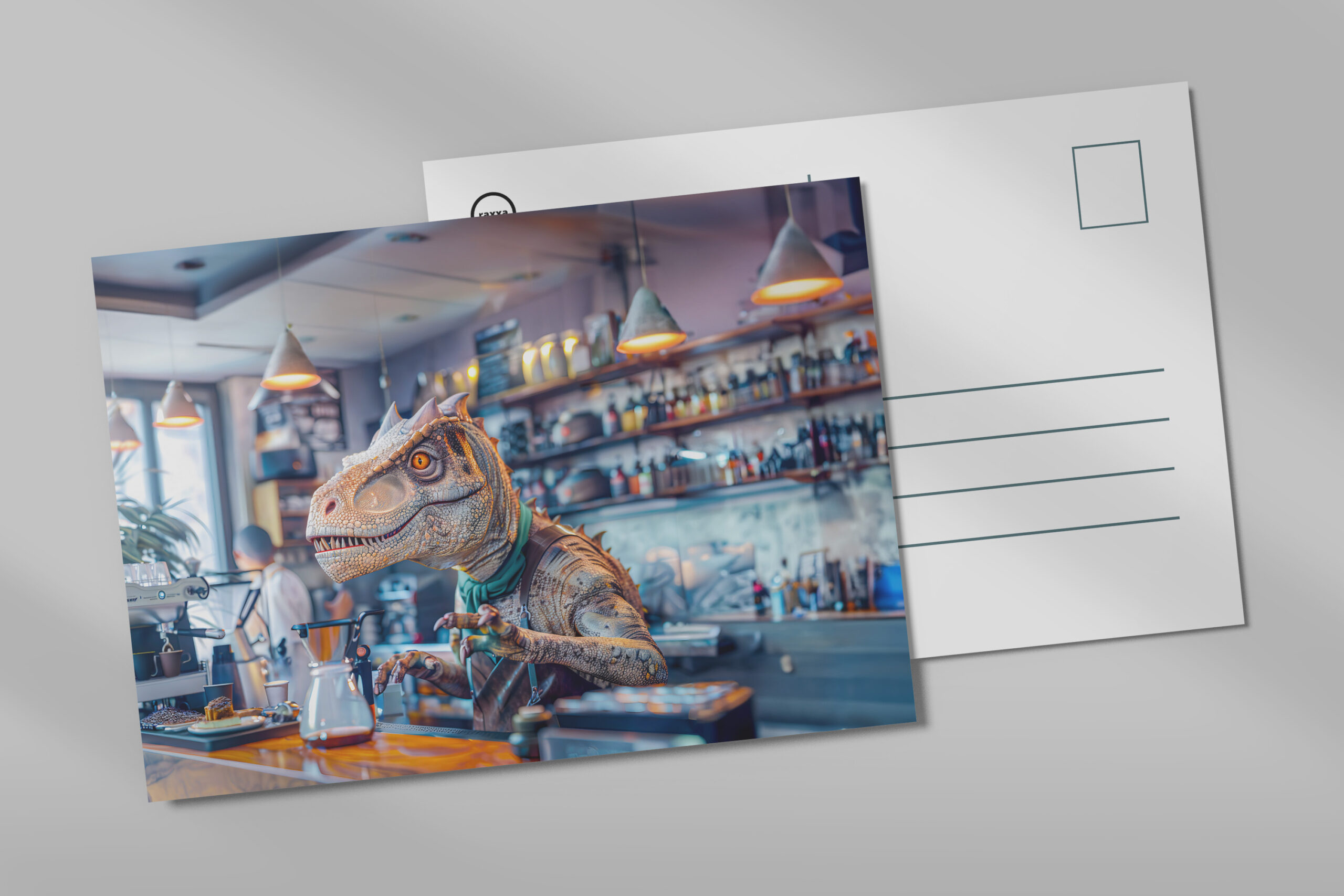raxxa Postkarte: Dinosaur Barista in a Modern Café