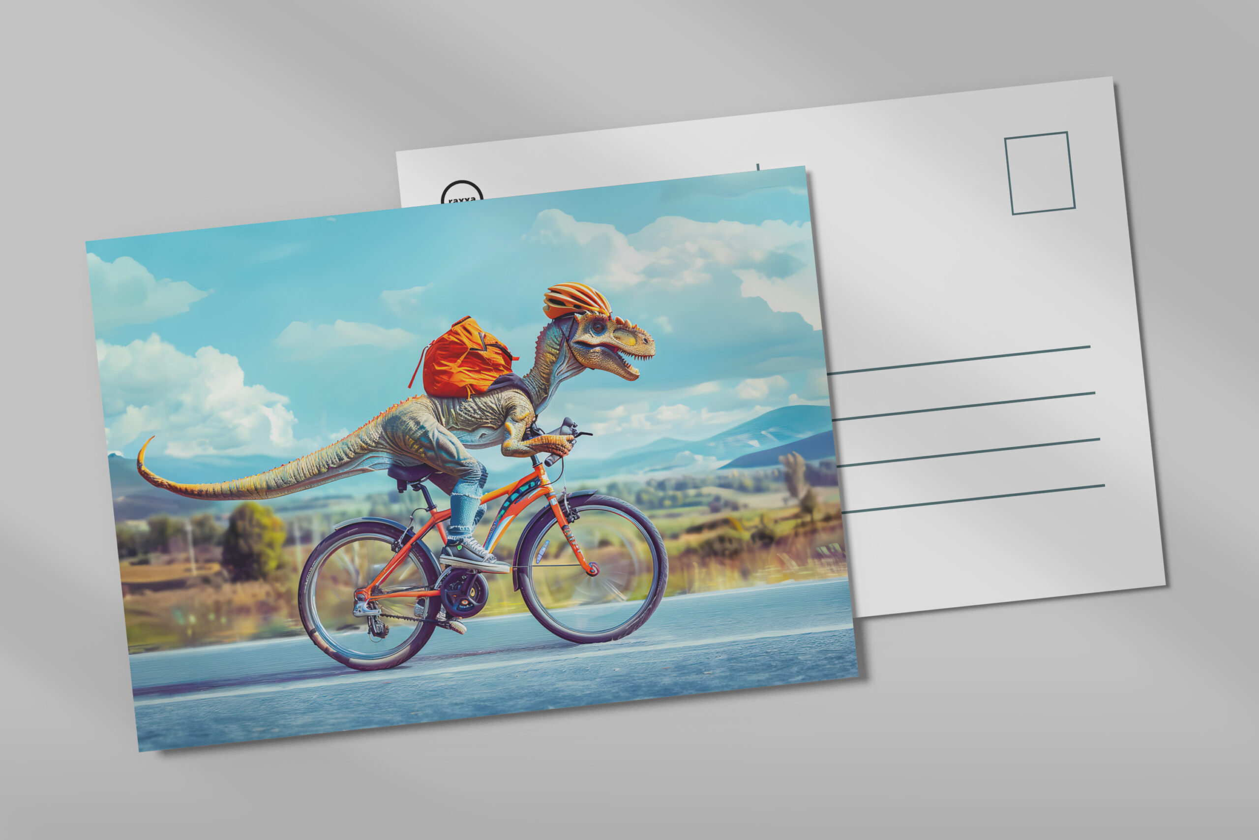 raxxa Postkarte: Dinosaur Cycling Through Countryside