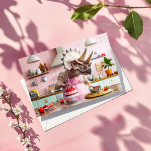 raxxa Postkarte: Dinosaur Baking Cake in Retro Kitchen