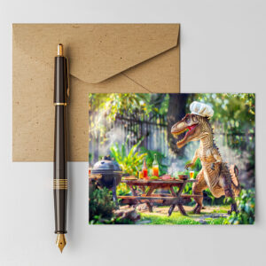 raxxa Postkarte: Dinosaur Chef at a Garden BBQ
