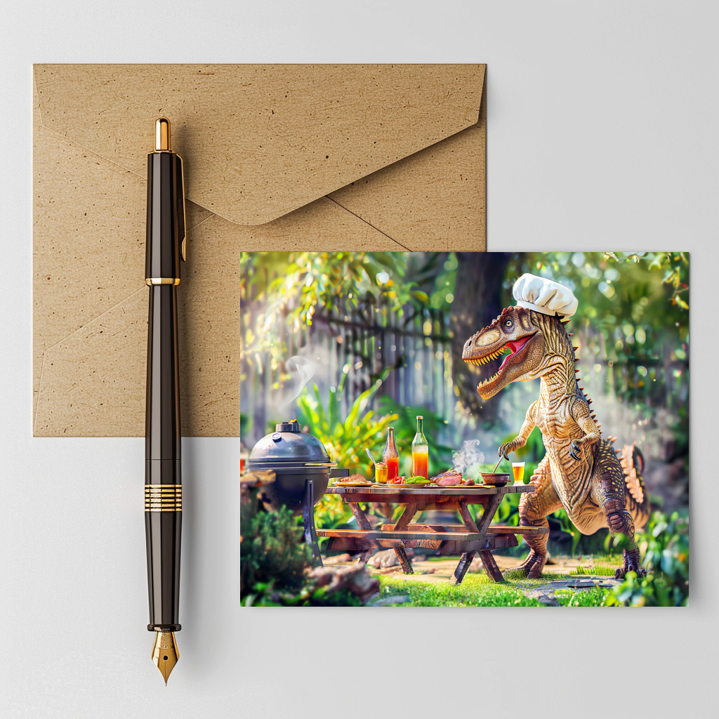 raxxa Postkarte: Dinosaur Chef at a Garden BBQ