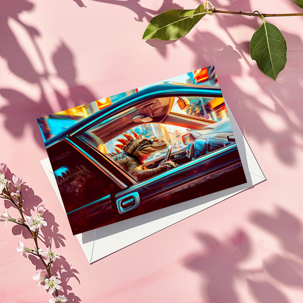 raxxa Postkarte: Urban Dino Driving Through Neon City