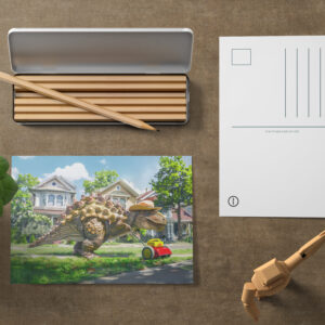raxxa Postkarte: Dinosaur Mowing Lawn in Suburbia