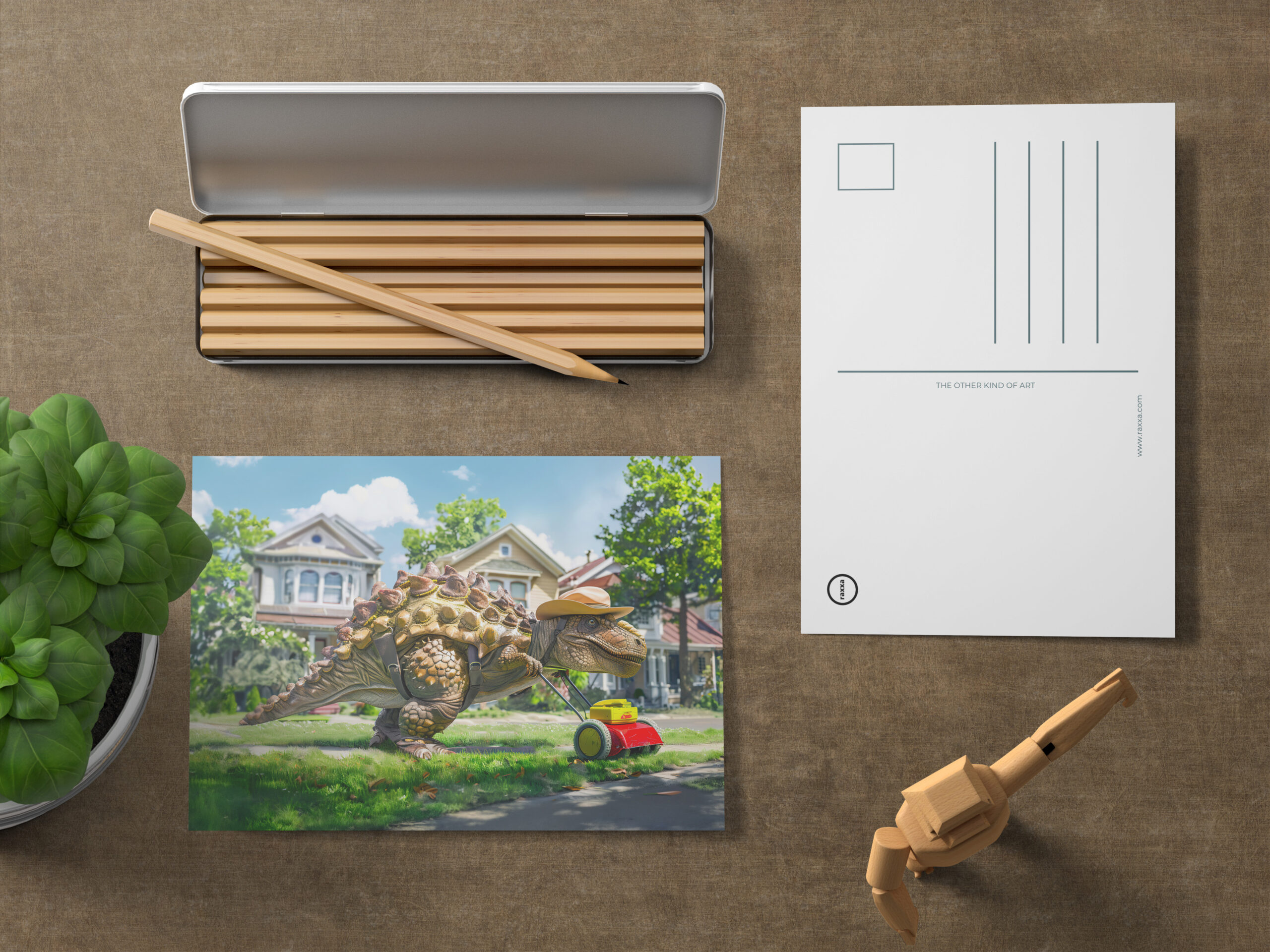 raxxa Postkarte: Dinosaur Mowing Lawn in Suburbia