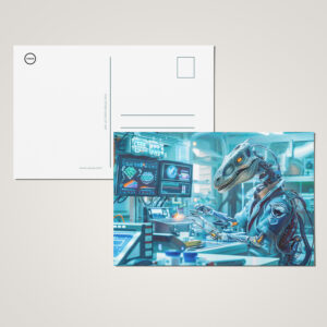 raxxa Postkarte: Cyborg Dinosaur at a High-Tech Workstation