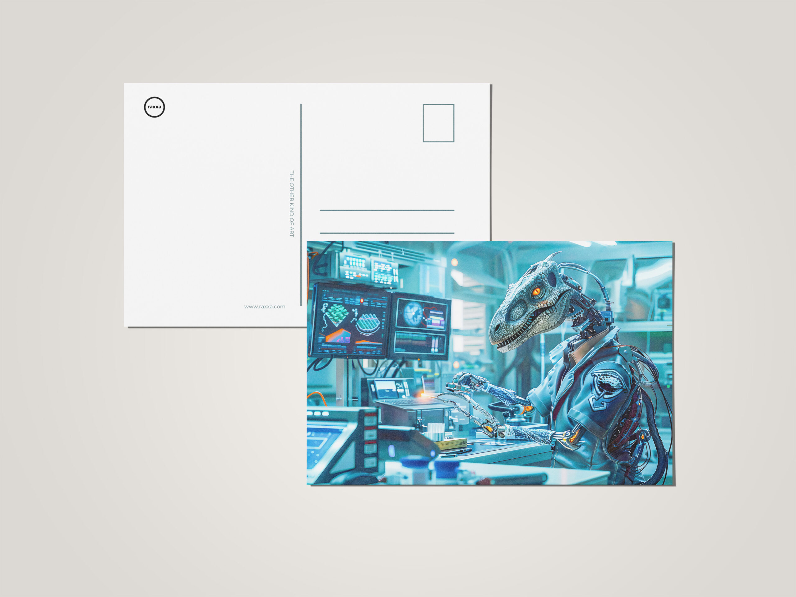 raxxa Postkarte: Cyborg Dinosaur at a High-Tech Workstation