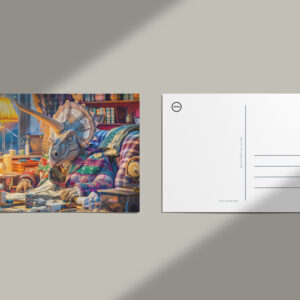 raxxa Postkarte: Knitting Triceratops in a Cozy Armchair