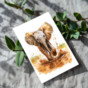 raxxa Postkarte: Watercolor painting of baby elephant splashing mud