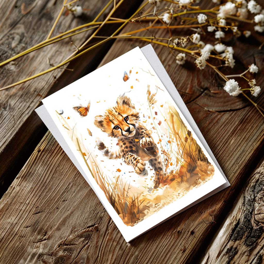 raxxa Postkarte: Playful Cheetah Cub and Butterflies
