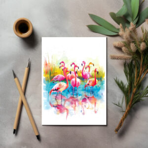 raxxa Postkarte: Watercolor painting of flamingos in a pond