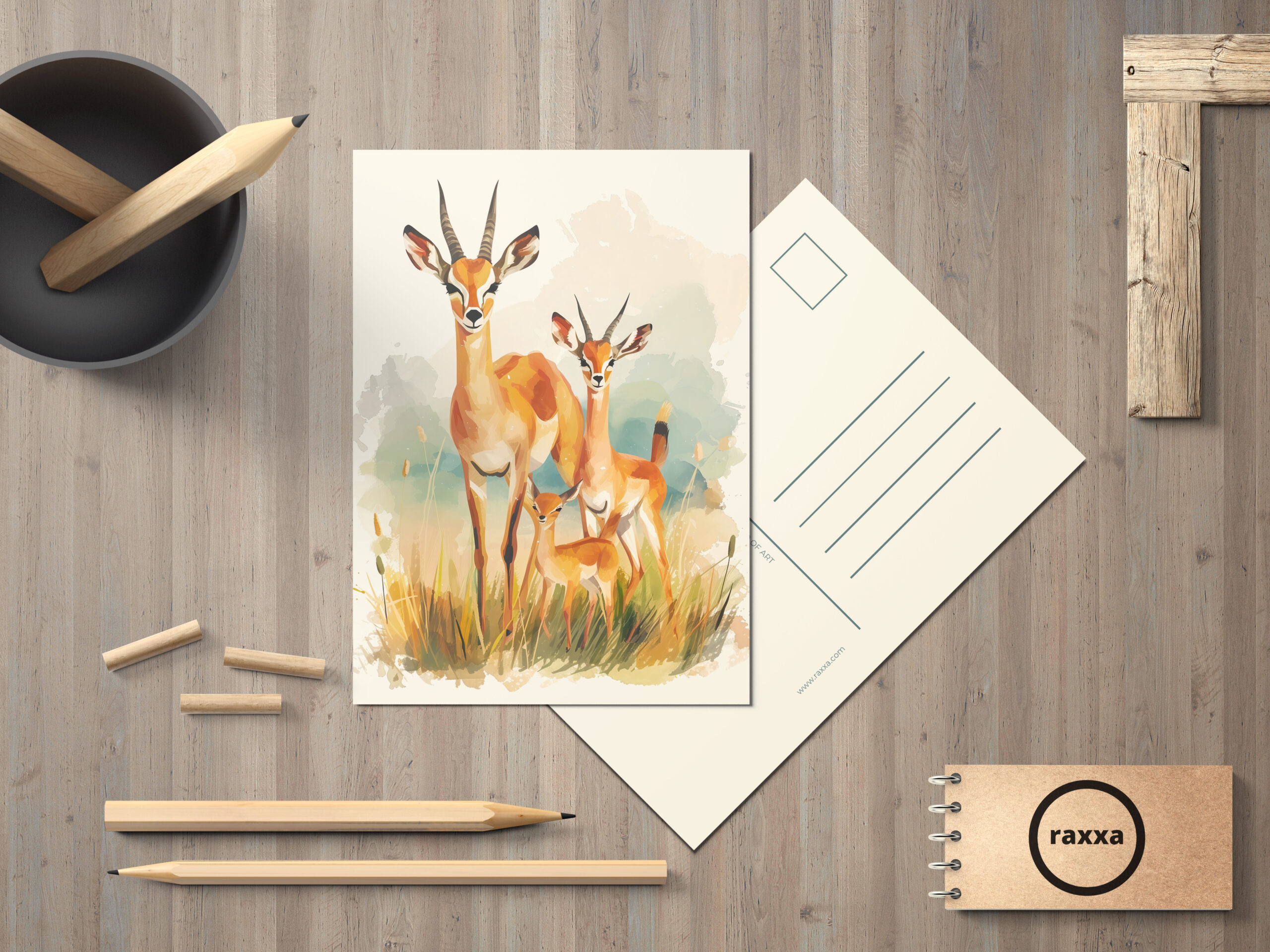 raxxa Postkarte: Watercolor painting of antelope family in the grass