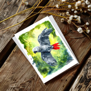 raxxa Postkarte: Watercolor painting of African grey parrot in jungle