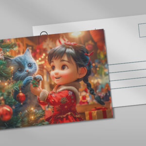 raxxa Postkarte: Girl and Cat Decorate for Christmas