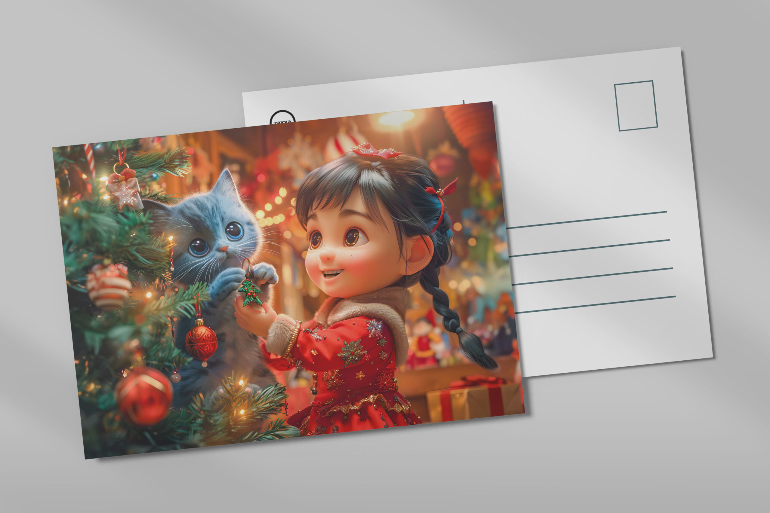 raxxa Postkarte: Girl and Cat Decorate for Christmas