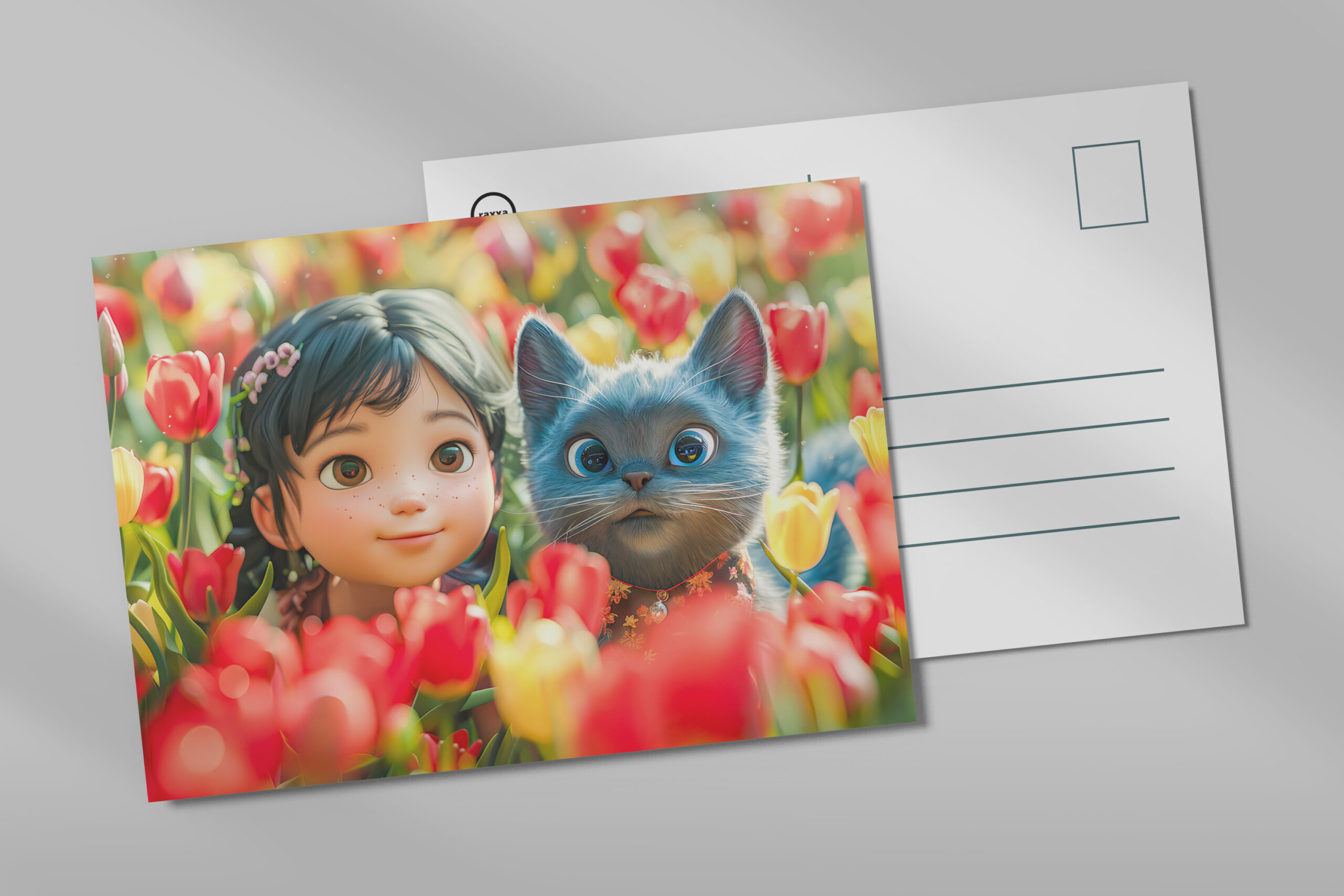 raxxa Postkarte: Spring Fantasy Girl and Cat in Tulips