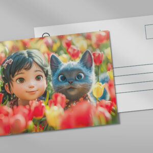 raxxa Postkarte: Spring Fantasy Girl and Cat in Tulips