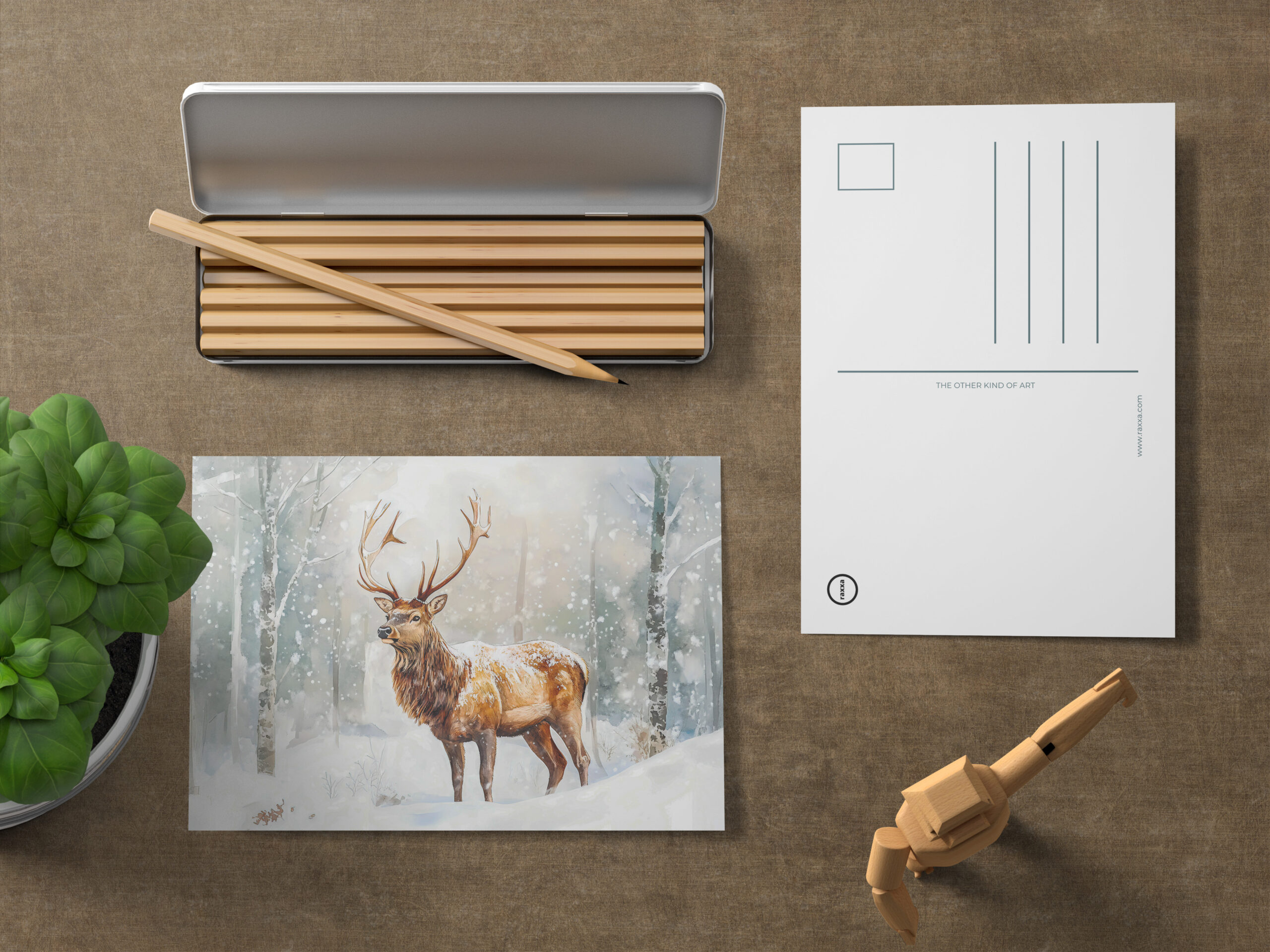 raxxa Postkarte: Deer in winter forest with snow watercolor painting
