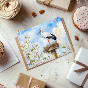 raxxa Postkarte: White stork on a nest in spring watercolor painting