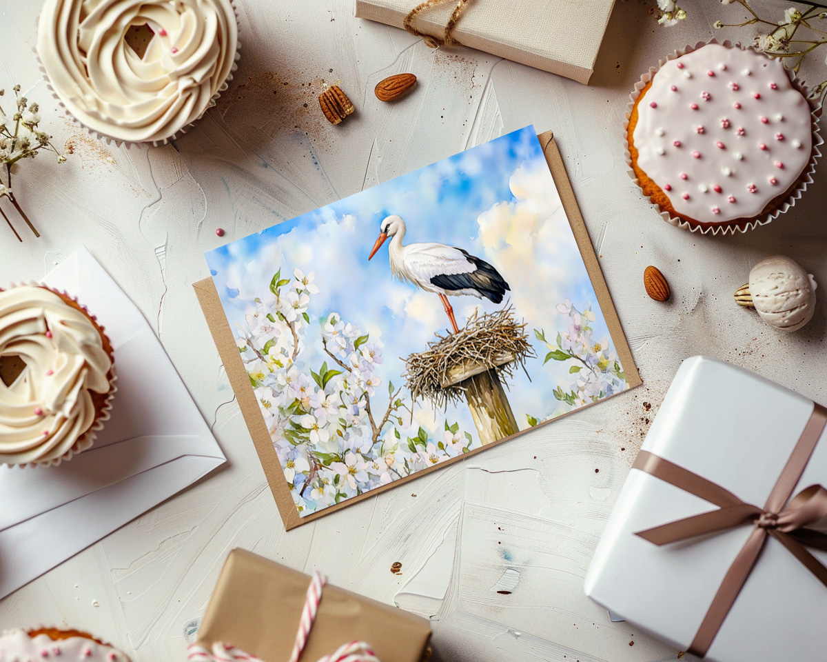 raxxa Postkarte: White stork on a nest in spring watercolor painting