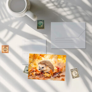 raxxa Postkarte: Hedgehog in autumn leaves watercolor painting