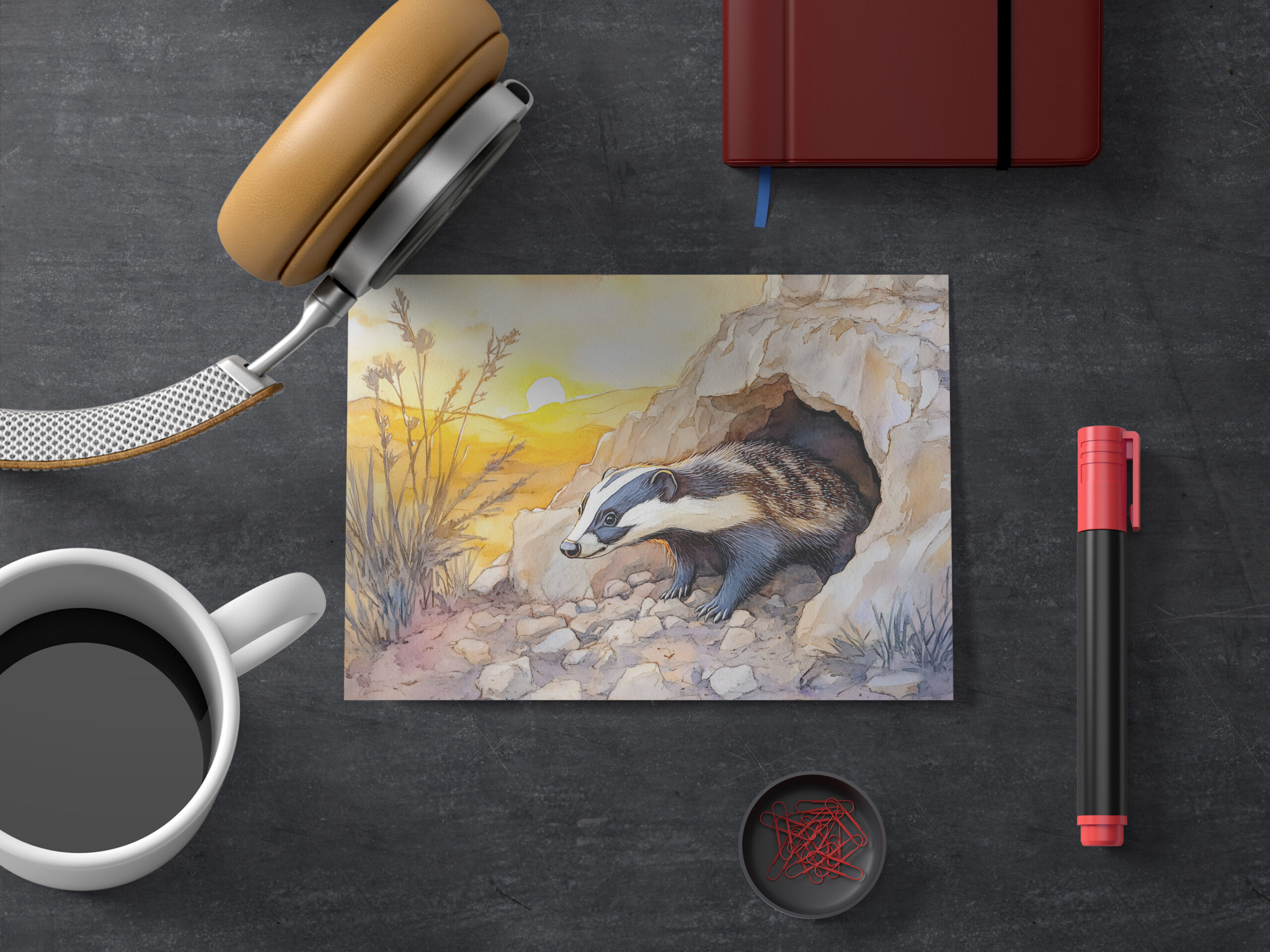 raxxa Postkarte: Badger emerging from a burrow at sunrise watercolor painting