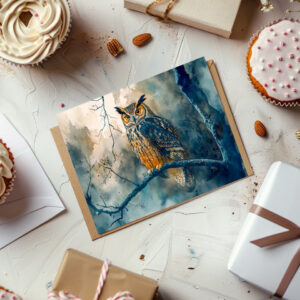 raxxa Postkarte: Owl at night sitting on a branch watercolor painting