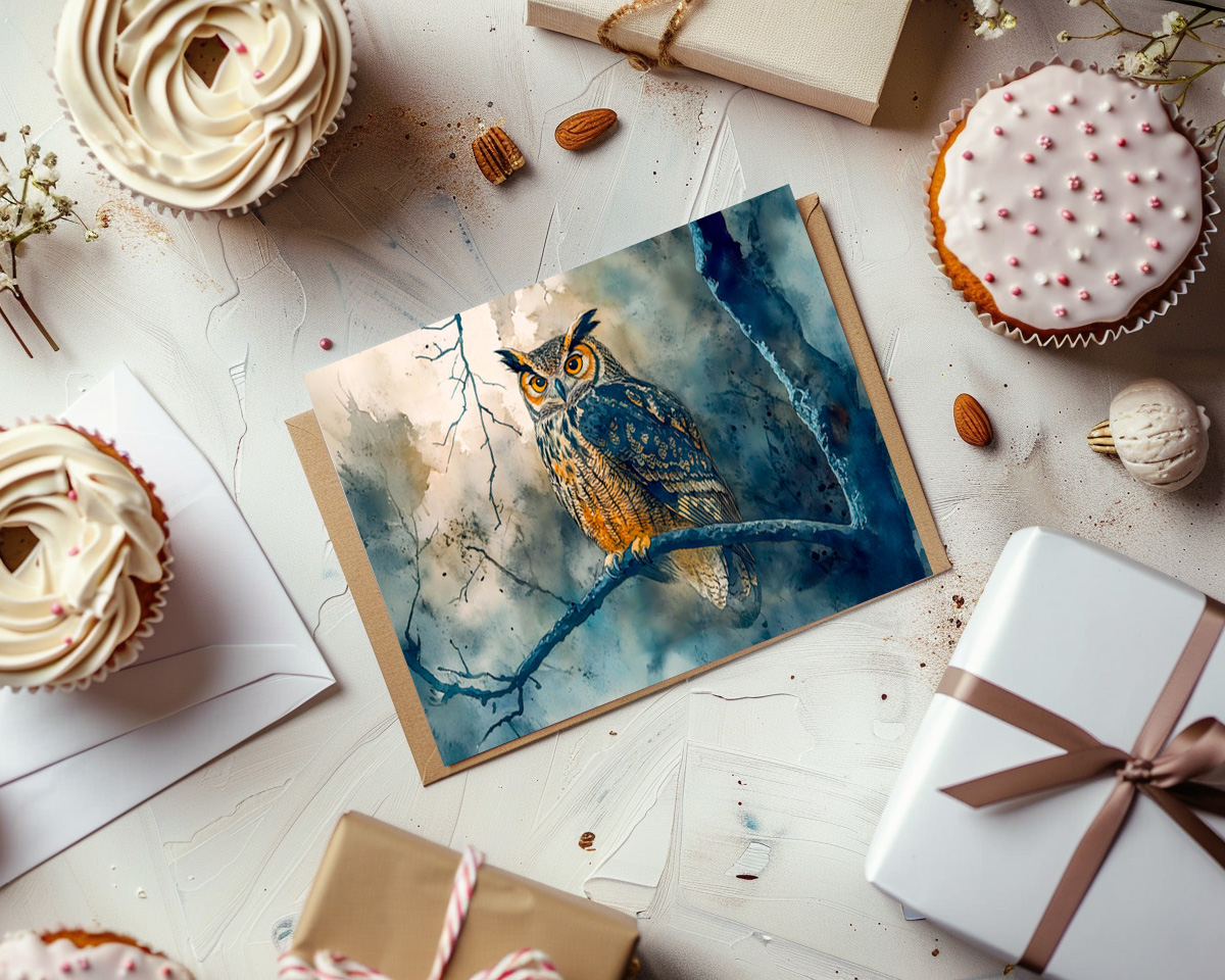 raxxa Postkarte: Owl at night sitting on a branch watercolor painting