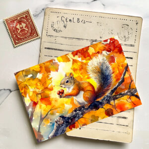 raxxa Postkarte: Squirrel eating a nut in a colorful autumn tree watercolor painting