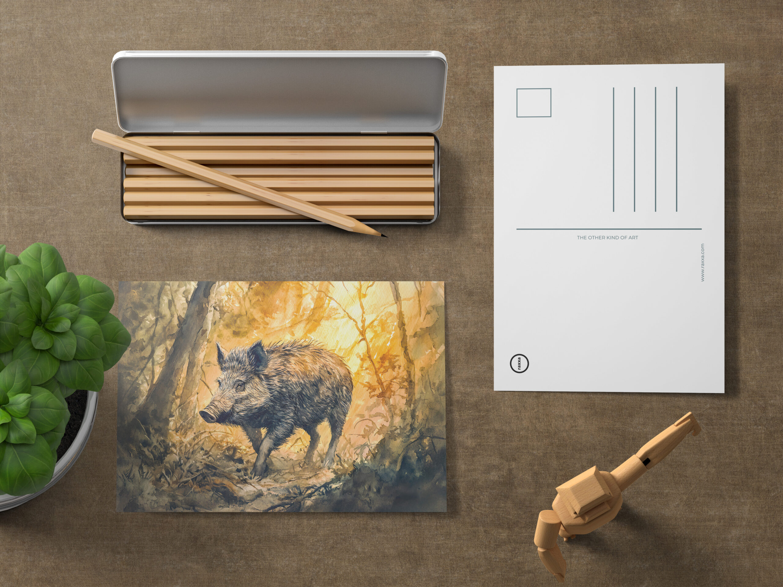 raxxa Postkarte: Wild boar in forest watercolor painting