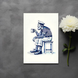 raxxa Postkarte: Vintage Illustration of a Sailor Drinking Coffee from a Tin Mug While Sitting on a Stool