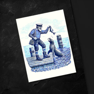 raxxa Postkarte: Vintage Illustration of a Matron Feeding a Seal at the Pier