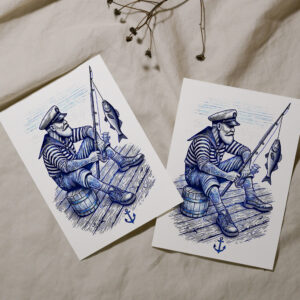 raxxa Postkarte: Vintage Illustration of a Nostalgic Sailor Fishing