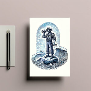 raxxa Postkarte: Vintage Illustration of a Sailor Standing on a Rock Looking Through Binoculars